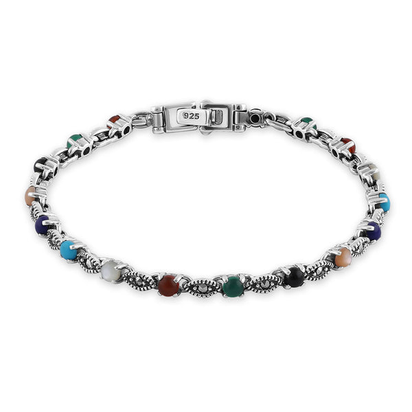 Sterling Silver Eternal Round Rainbow Marquise Marcasite Bracelet