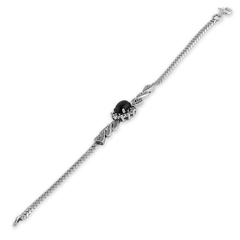 Sterling Silver Arrow Flower Black Onyx Oval Marcasite Bracelet