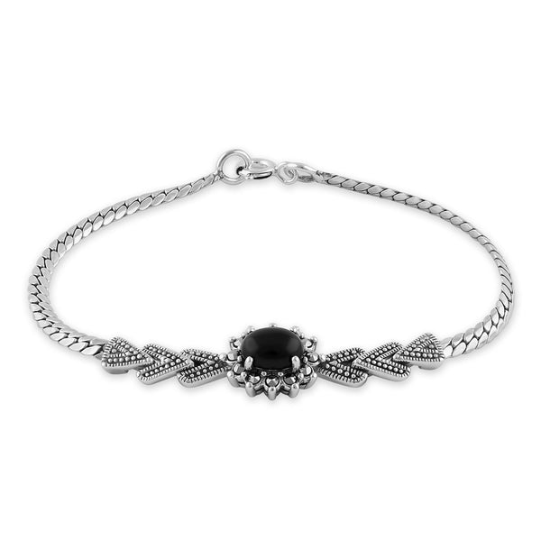 Sterling Silver Arrow Flower Black Onyx Oval Marcasite Bracelet