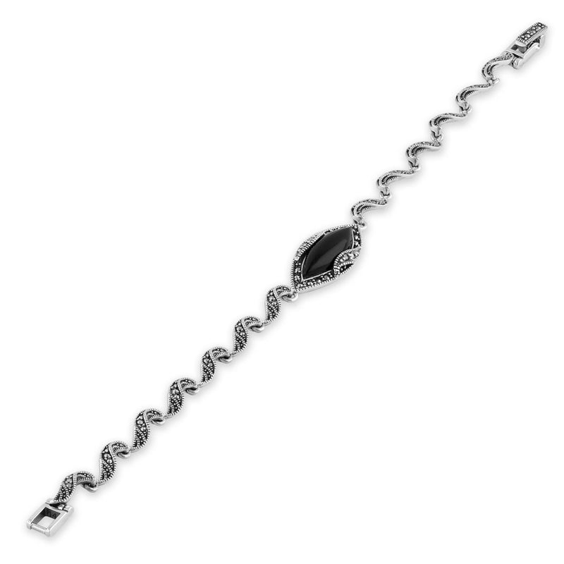 Sterling Silver Marquise Twist Black Onyx Marcasite Bracelet