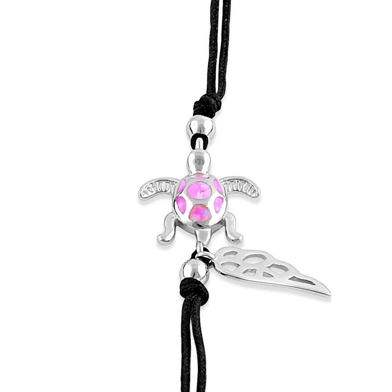 Sterling Silver Winged Pink Lab Opal Turtle Adjustable Silk Bracelet