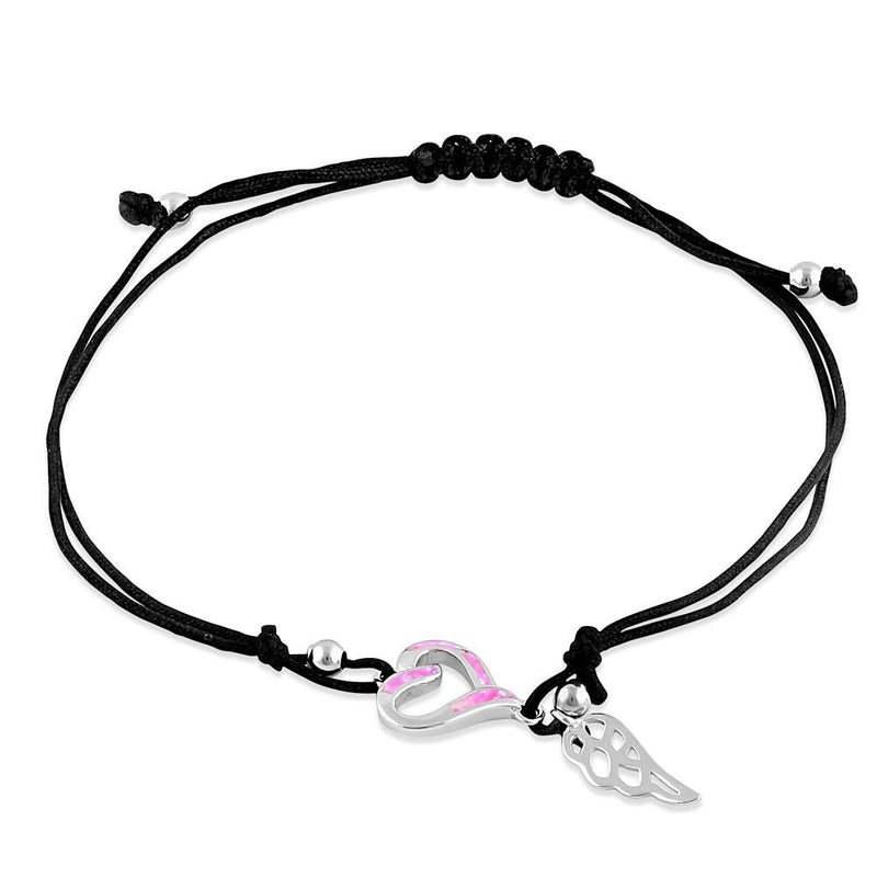 Sterling Silver Winged Pink Lab Opal Open Heart Adjustable Silk Bracelet