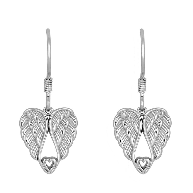 Sterling Silver Angel Wings with Heart Dangle Earrings