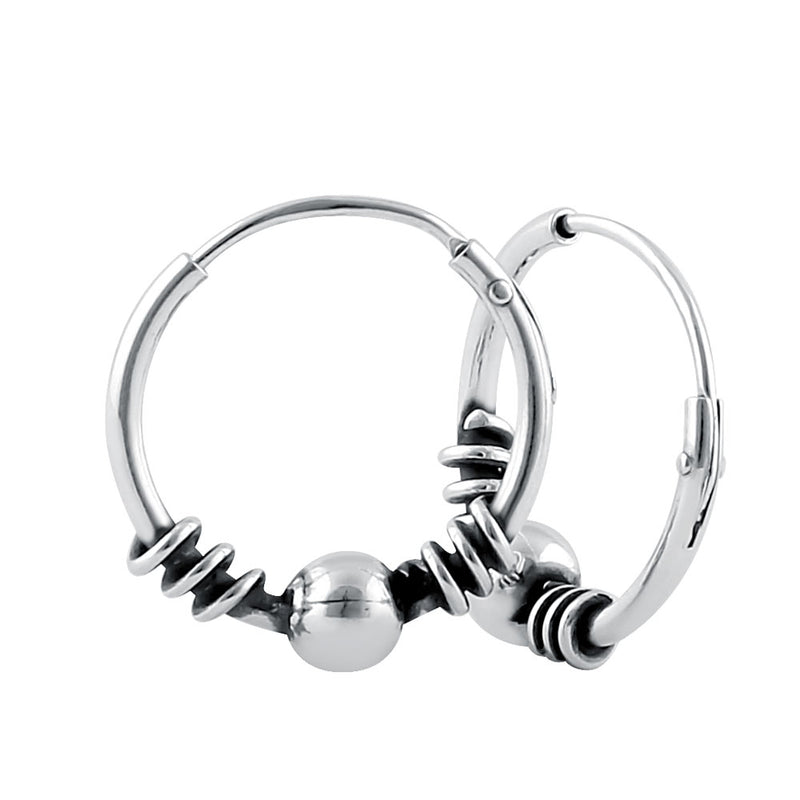 Sterling Silver 3.5mm x 14.0mm Bali Bead Hoop Earrings