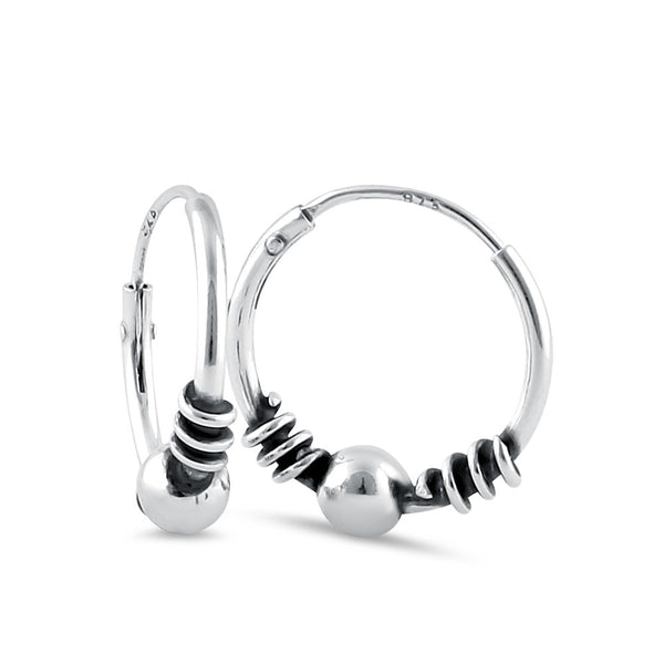 Sterling Silver 3.5mm x 14.0mm Bali Bead Hoop Earrings