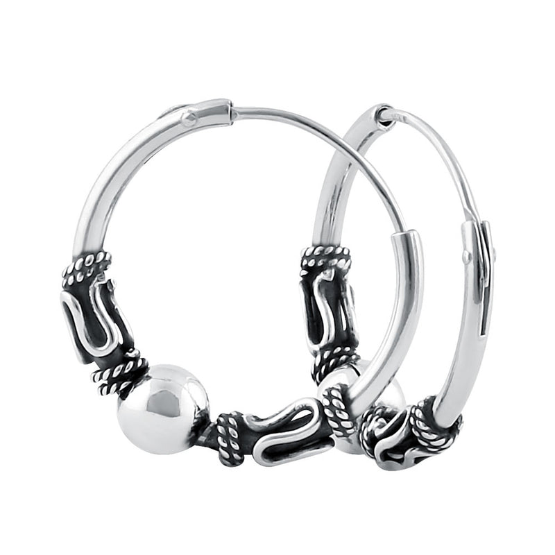 Sterling Silver 4.5mm x 17.5mm Bali Bead Hoop Earrings