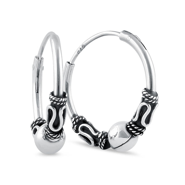 Sterling Silver 4.5mm x 17.5mm Bali Bead Hoop Earrings