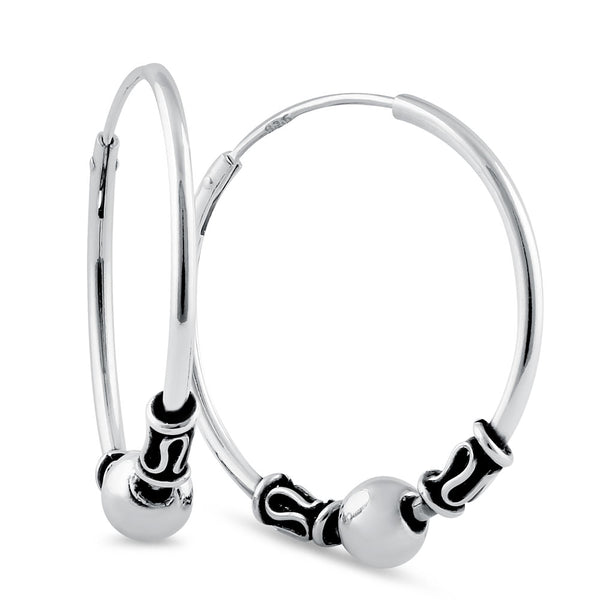 Sterling Silver 1.4mm x 25.0mm Bali Bead and Swirl Hoop Earrings