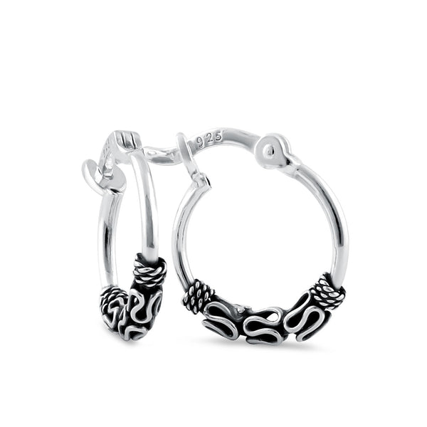 Sterling Silver 1.2mm x 14.0mm Bali Rope and Swirl Hoop Earrings