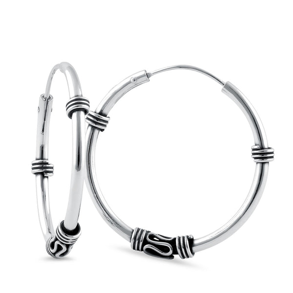 Sterling Silver 1.7mm x 25.5mm Bali Rope and Swirl Hoop Earrings