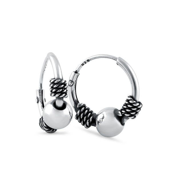 Sterling Silver 1.3mm x 12.5mm Bali Bead and Rope Hoop Earrings