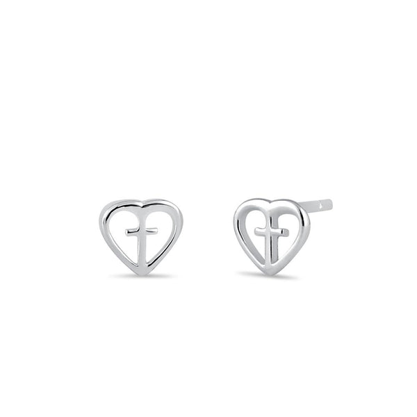 Sterling Silver Cross in Heart Stud Earrings