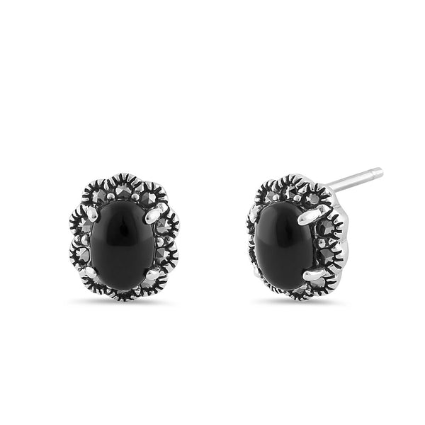 Sterling Silver Black Onyx Oval Halo Marcasite Earrings
