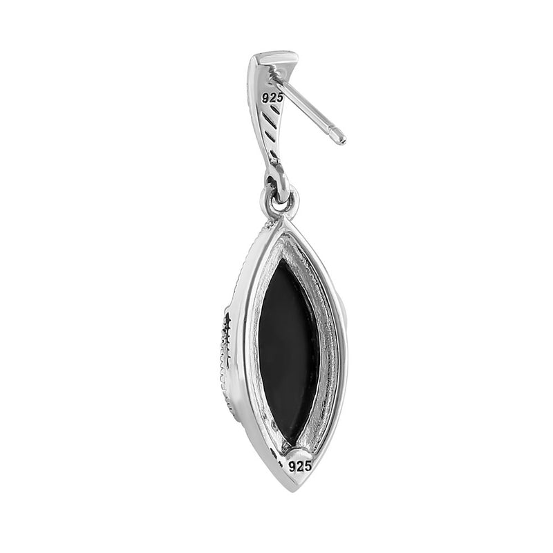 Sterling Silver Black Onyx Marquise Marcasite Earrings
