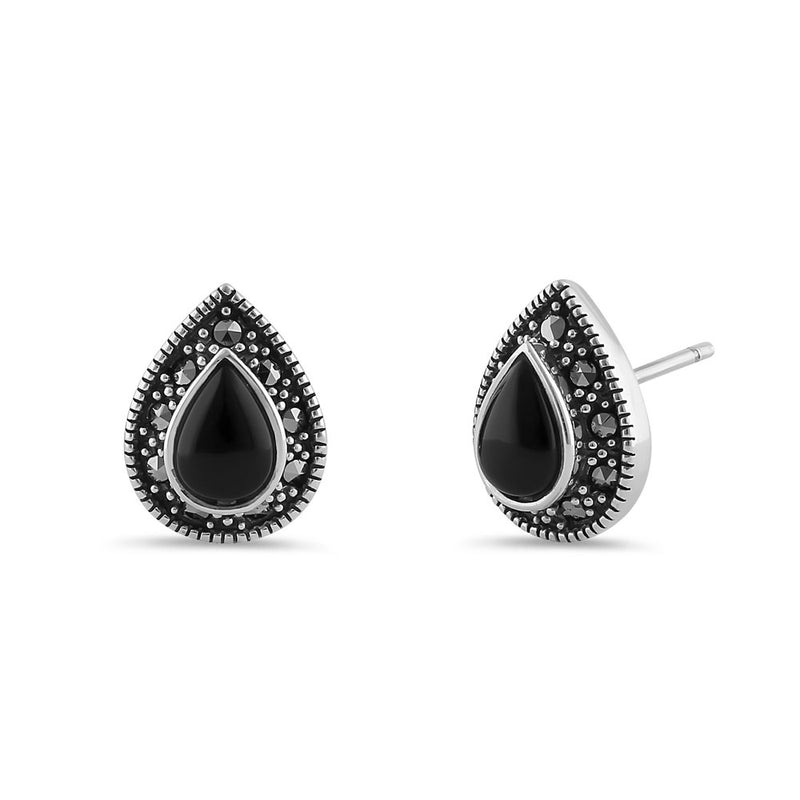Sterling Silver Black Onyx Pear Marcasite Earrings