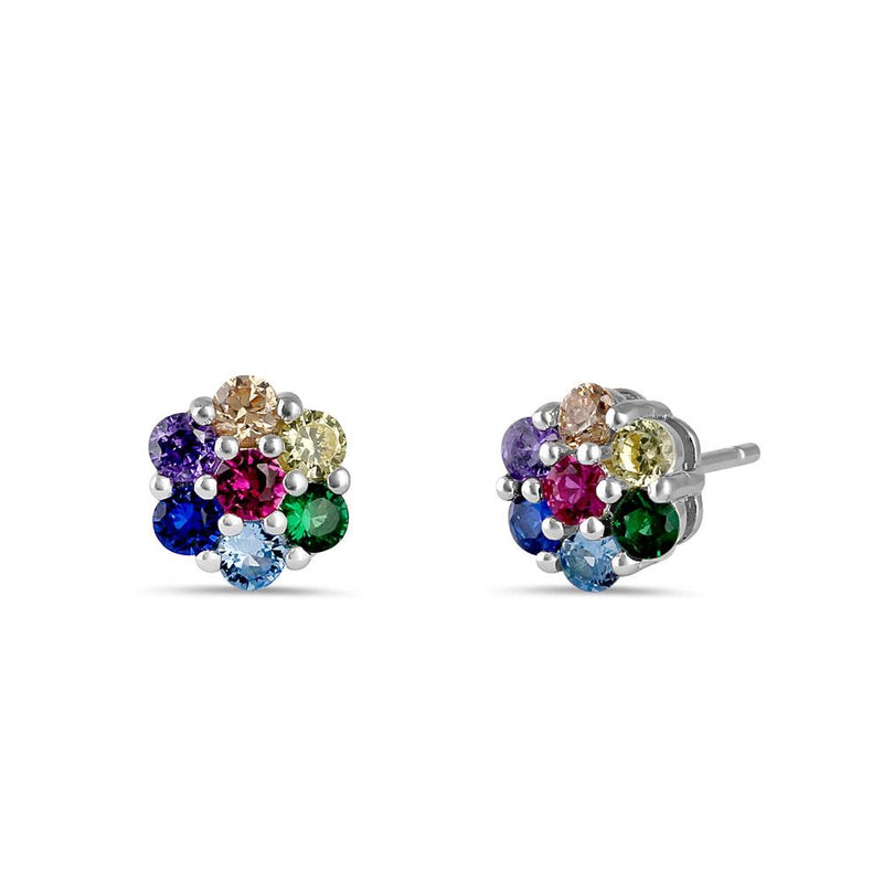 Sterling Silver Colorful CZ Flower Stud Earrings