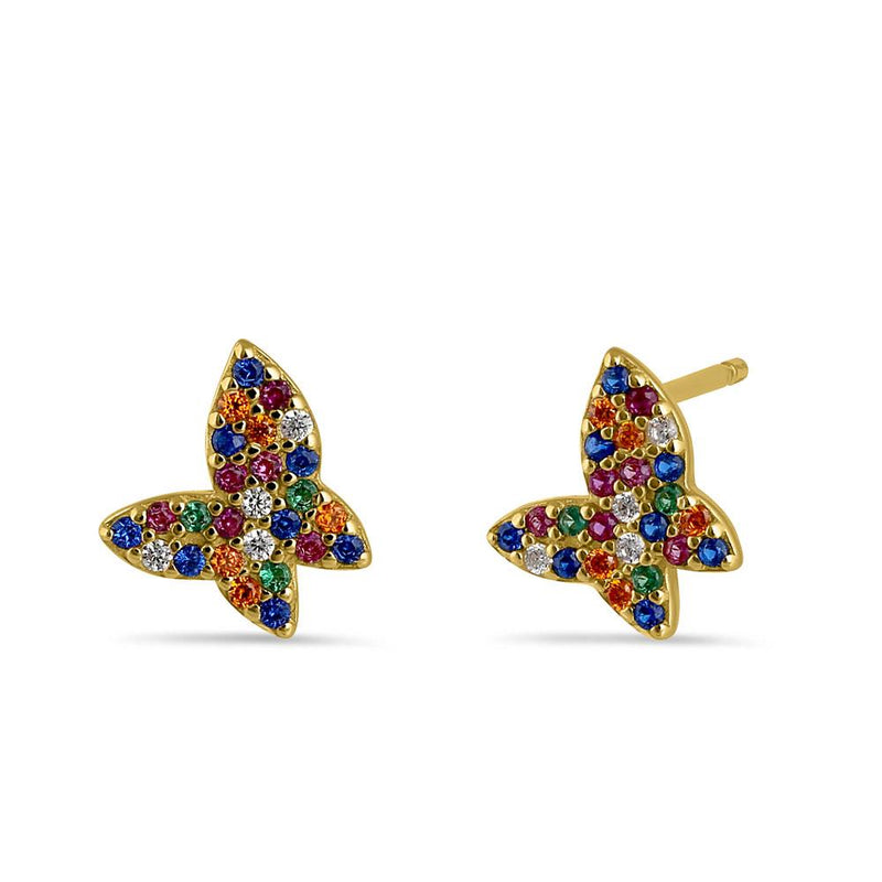 Sterling Silver Yellow Gold Plated Colorful CZ Butterfly Stud Earrings