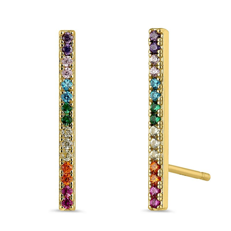 Sterling Silver Yellow Gold Plated Colorful CZ Bar Stud Earrings
