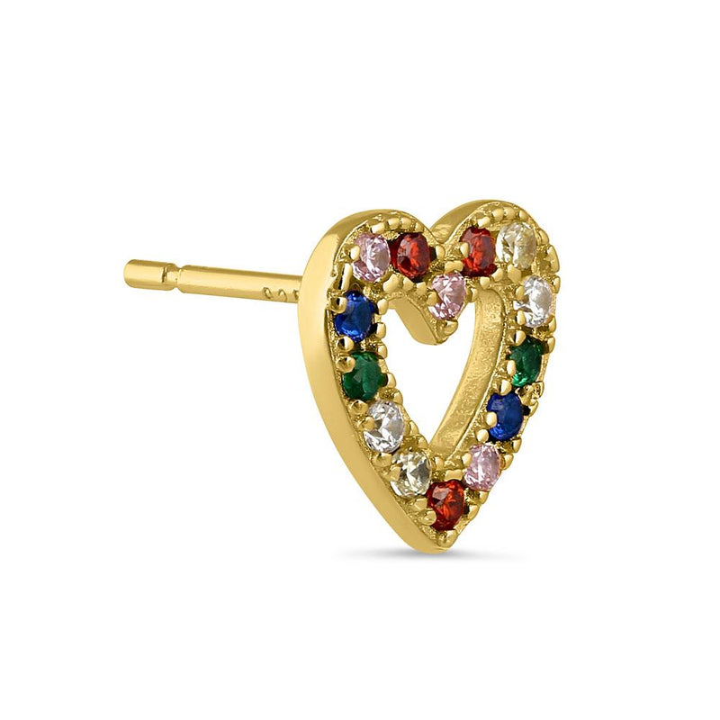 Sterling Silver Yellow Gold Plated Colorful CZ Heart Stud Earrings