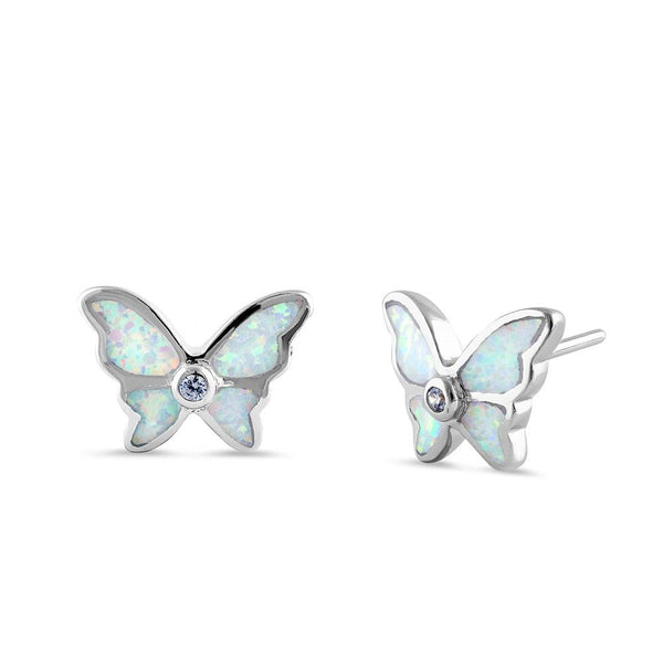 Sterling Silver White Lab Opal Butterfly CZ Earrings