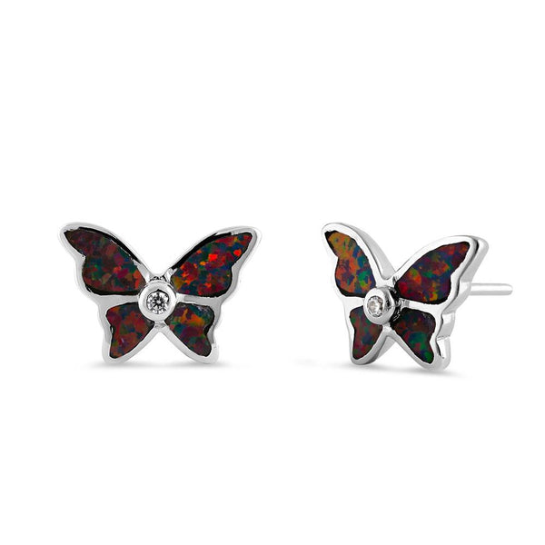 Sterling Silver Black Lab Opal Butterfly CZ Earrings