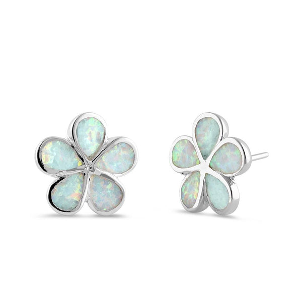 Sterling Silver Flower White Lab Opal Stud Earrings