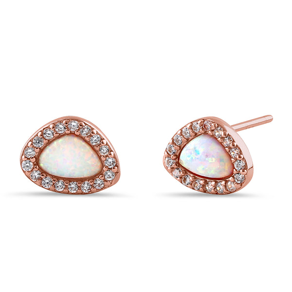 Sterling Silver Small Rose Gold White Lab Opal & Clear CZ Offset Stud Earrings