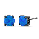 Sterling Silver Black Rhodium Plated Round Blue Lab Opal Stud Earrings