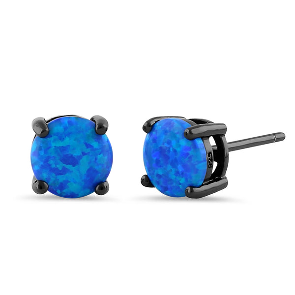 Sterling Silver Black Rhodium Plated Round Blue Lab Opal Stud Earrings