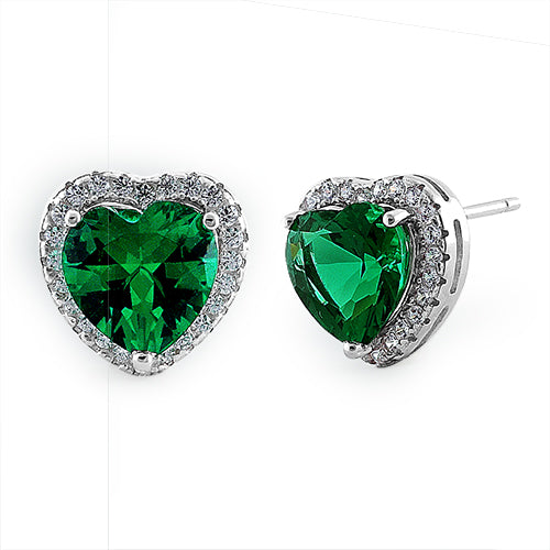 Sterling Silver Emerald Big Heart CZ Earrings