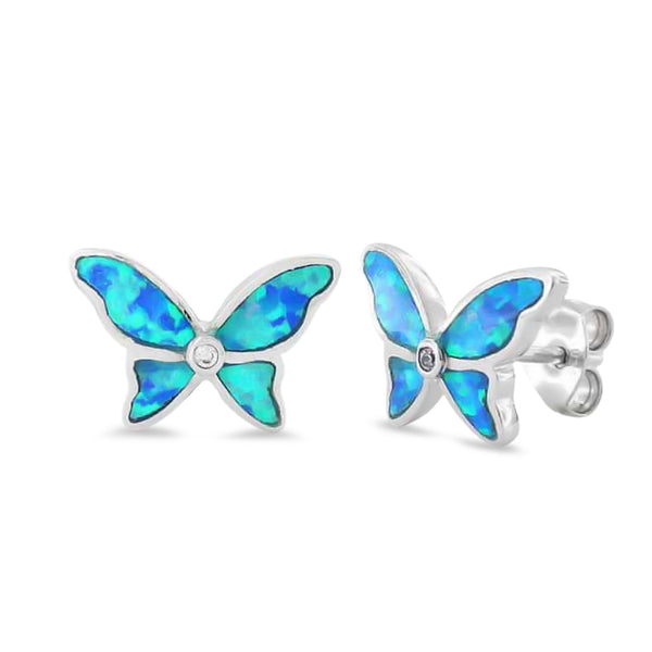 Sterling Silver Lab Opal Butterfly CZ Earrings