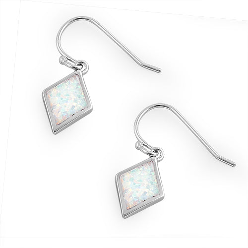 Sterling Silver Dangling Diamond Shaped White Lab Opal Earrings