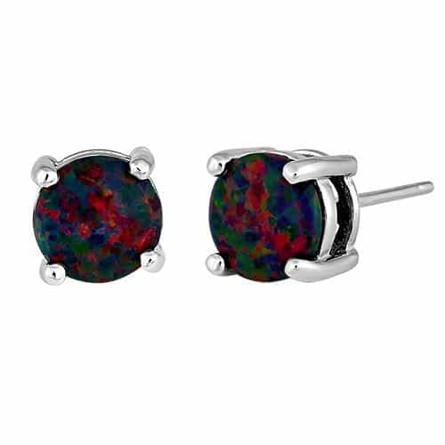 Sterling Silver Round Rainbow Lab Opal Stud Earrings