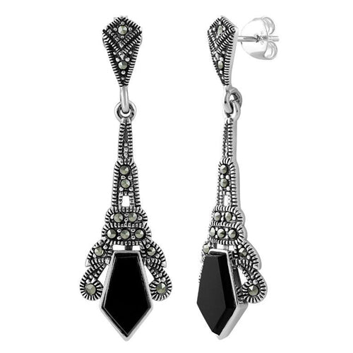 Sterling Silver Pentagon Drop Black Onyx Marcasite Earrings
