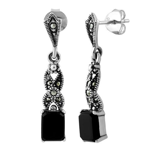 Sterling Silver Dangling Rectangular Black Onyx Marcasite Earrings