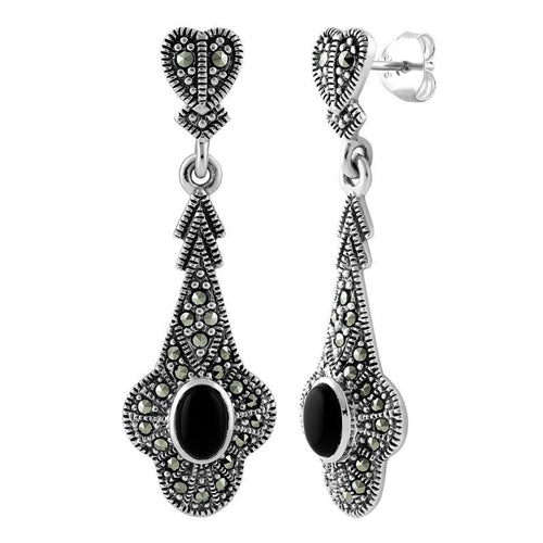 Sterling Silver Heart Drop Oval Black Onyx Marcasite Earrings