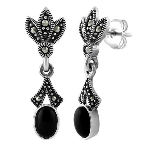 Sterling Silver Leaves Drop Oval Black Onyx Marcasite Earrings
