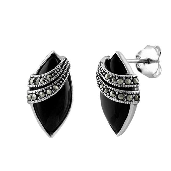 Sterling Silver Marquise Black Onyx Marcasite Earrings