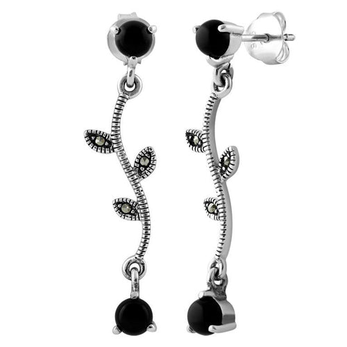 Sterling Silver Vines Round Black Onyx Marcasite Earrings