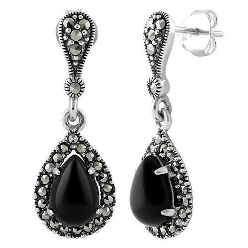 Sterling Silver Tear Drop Black Onyx Marcasite Earrings