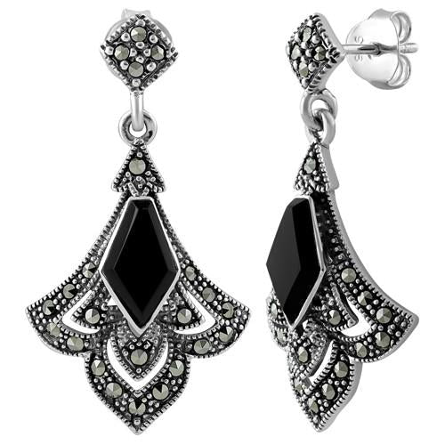 Sterling Silver Elegant Kite Drop Black Onyx Marcasite Earrings