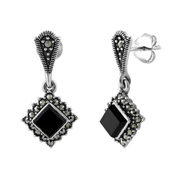 Sterling Silver Square Drop Black Onyx Marcasite Earrings