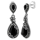 Sterling Silver Vines Tear Drop Black Onyx Marcasite Earrings
