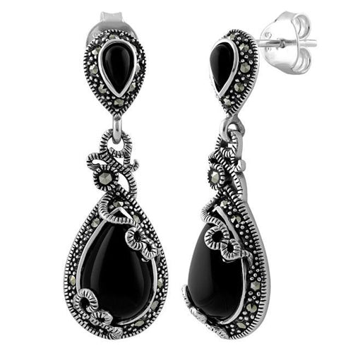 Sterling Silver Vines Tear Drop Black Onyx Marcasite Earrings