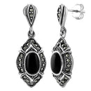 Sterling Silver Oval Drop Black Onyx Marcasite Earrings