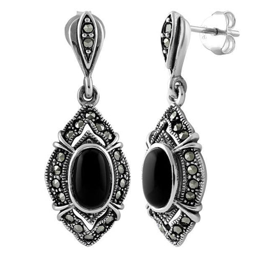 Sterling Silver Oval Drop Black Onyx Marcasite Earrings