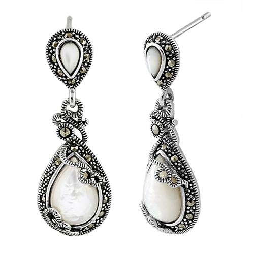 Sterling Silver Vines Tear Drop Mother of Pearl Marcasite Earrings