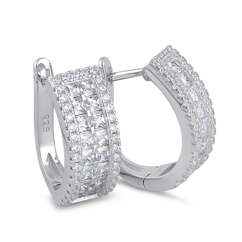 Sterling Silver Clear Pincess and Round CZ Hoop Earrings