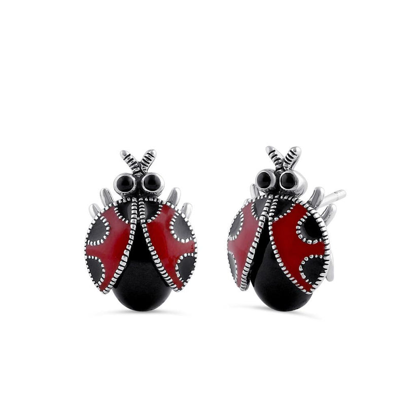 Sterling Silver Onyx and Enamel Marcasite Ladybug Stud Earrings