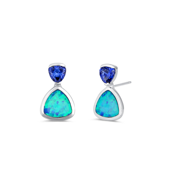 Sterling Silver Tanzanite CZ Trillion Blue Lab Opal Drop Earrings